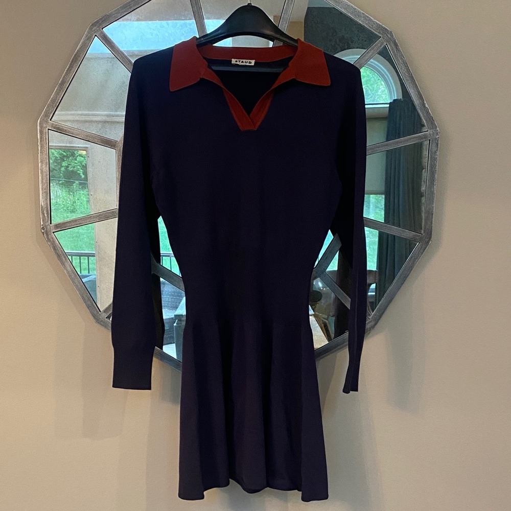 STAUD Navy Long-Sleeve Dress with Rust Collar Detail